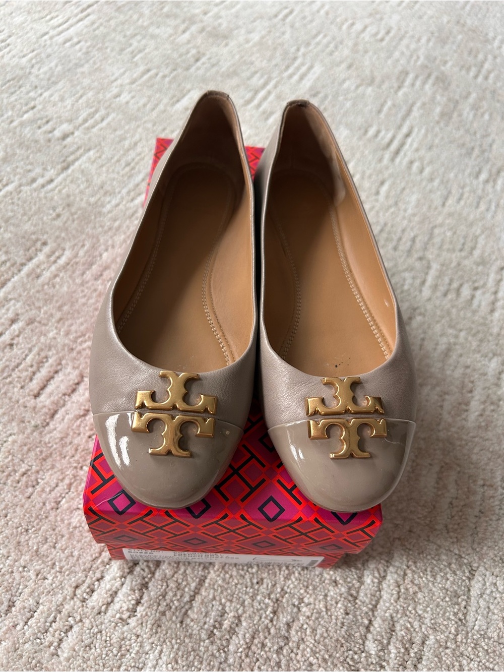 Tory Burch Taupe Patent-Toe Logo Ballet Flats